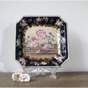 Vintage Chinoiserie Wall Display Plate Asian Andrea by Sadek Navy Pink Floral